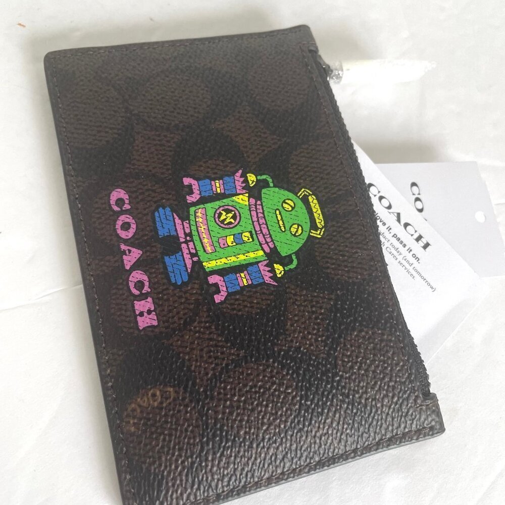 Coach Cosmic Coach Zip Card Case Robot Space CW223 Brown Leather Wallet - Picture 4 of 6